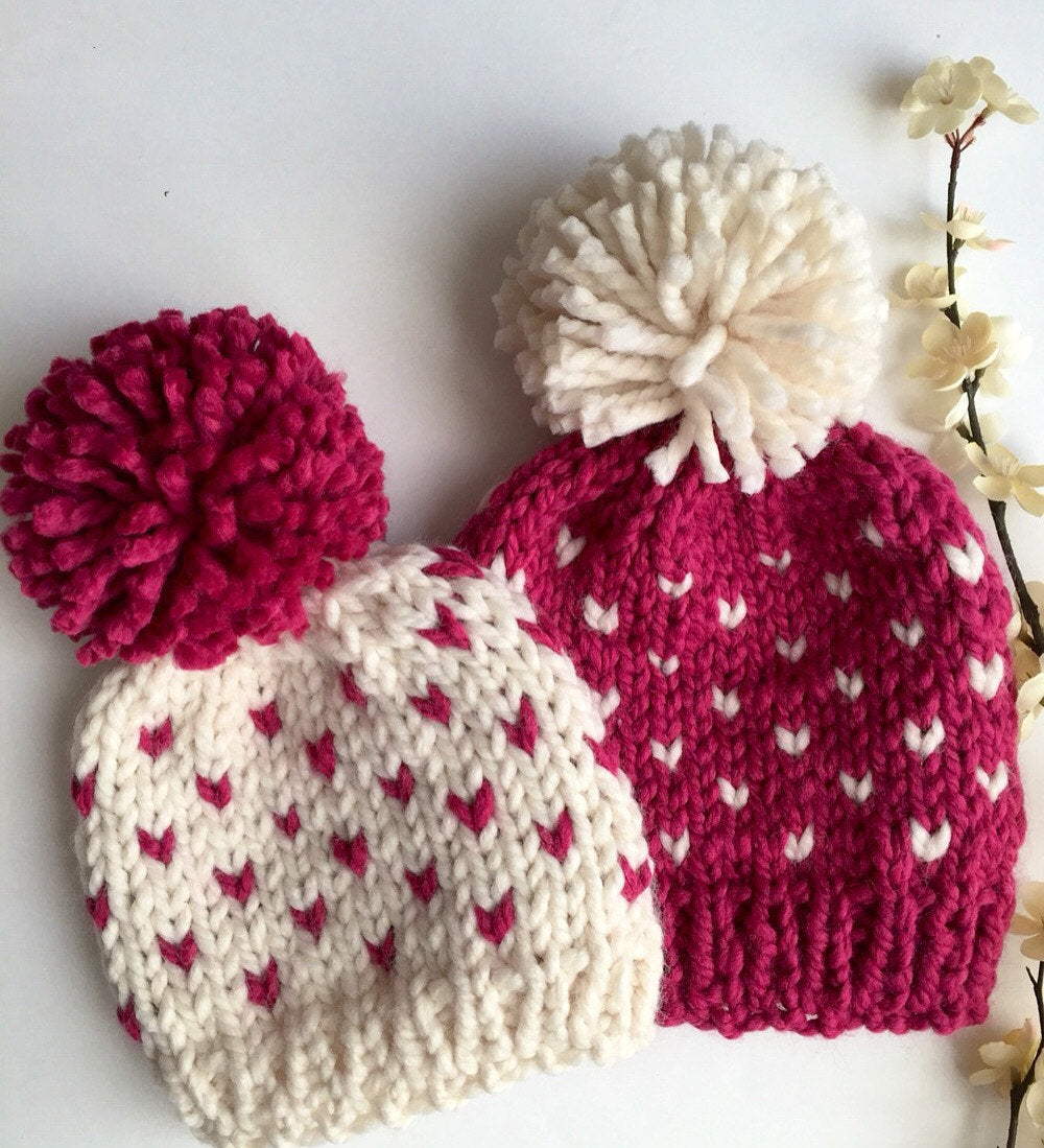 PATTERN Fair Isle Heart Print Women's Or Newborn Size Pom Pom Beanie Hat Cap Toque