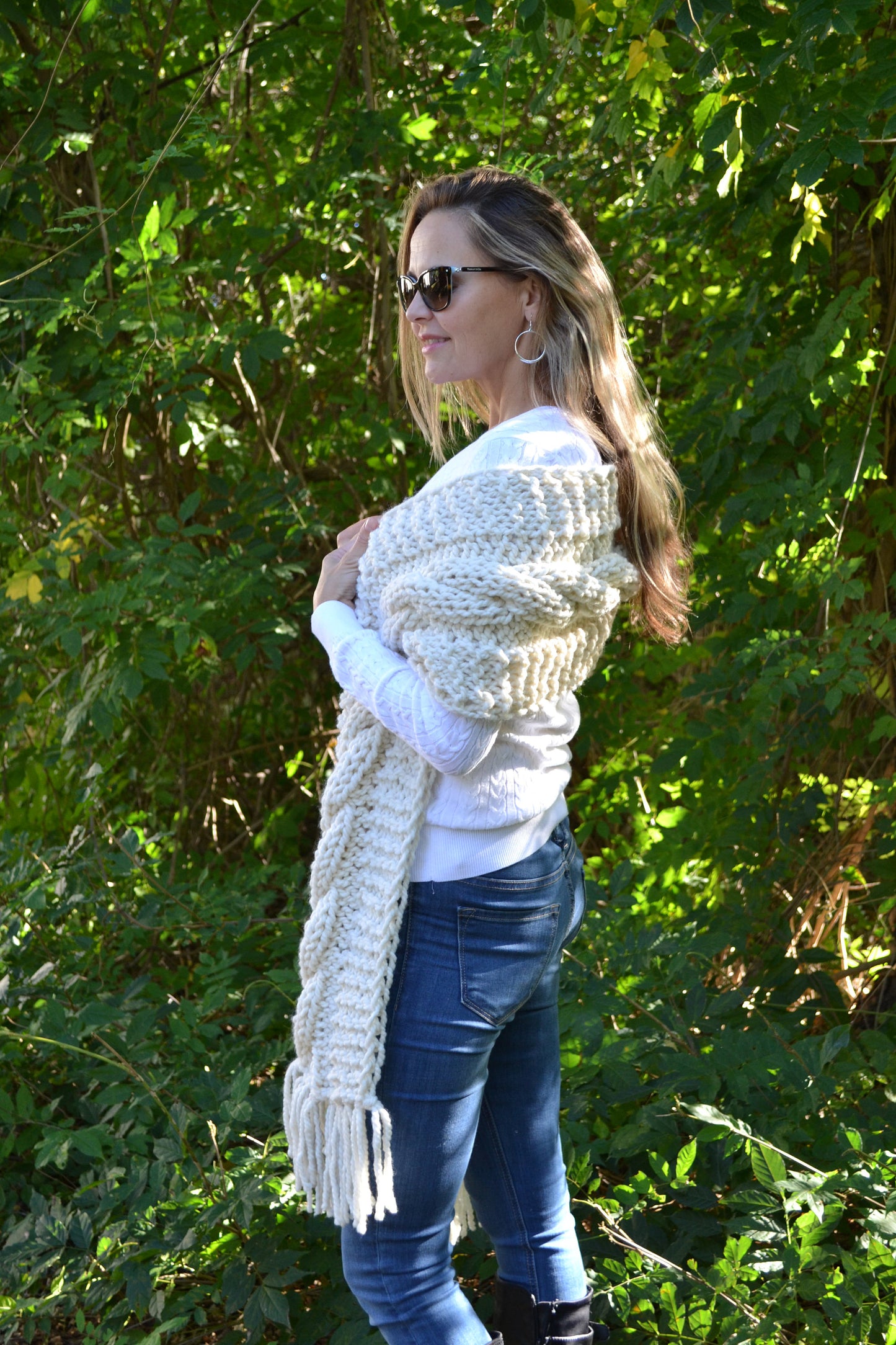 Knitting Pattern DIY The Big Cozy Oversized Fringe Cable Knit Scarf Shawl Hand Knitted Women's Boho Style