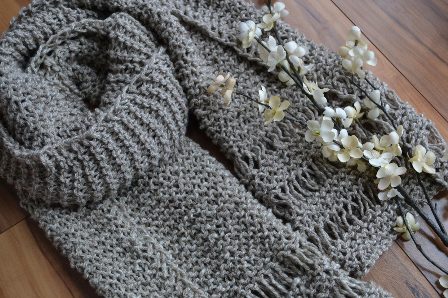 DIY KNITTING PATTERN All Seasons Scarf Hand Knitted Women's Oversized Chunky Boho Style Open End Neck Warmer Taupe