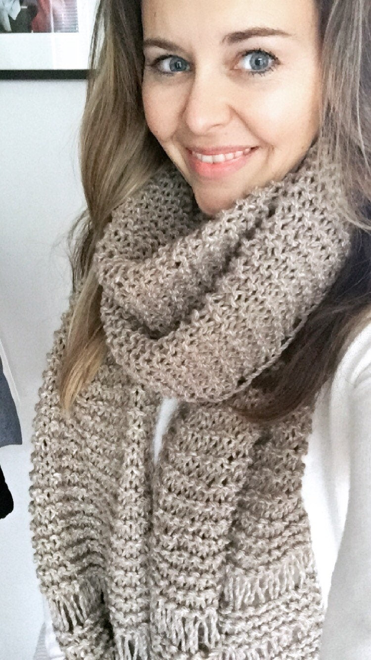 DIY KNITTING PATTERN All Seasons Scarf Hand Knitted Women's Oversized Chunky Boho Style Open End Neck Warmer Taupe
