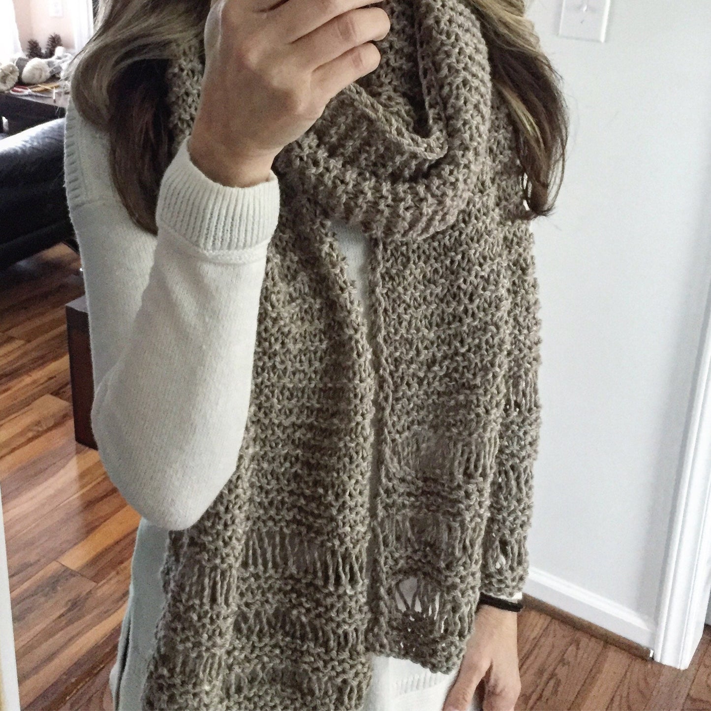 DIY KNITTING PATTERN All Seasons Scarf Hand Knitted Women's Oversized Chunky Boho Style Open End Neck Warmer Taupe