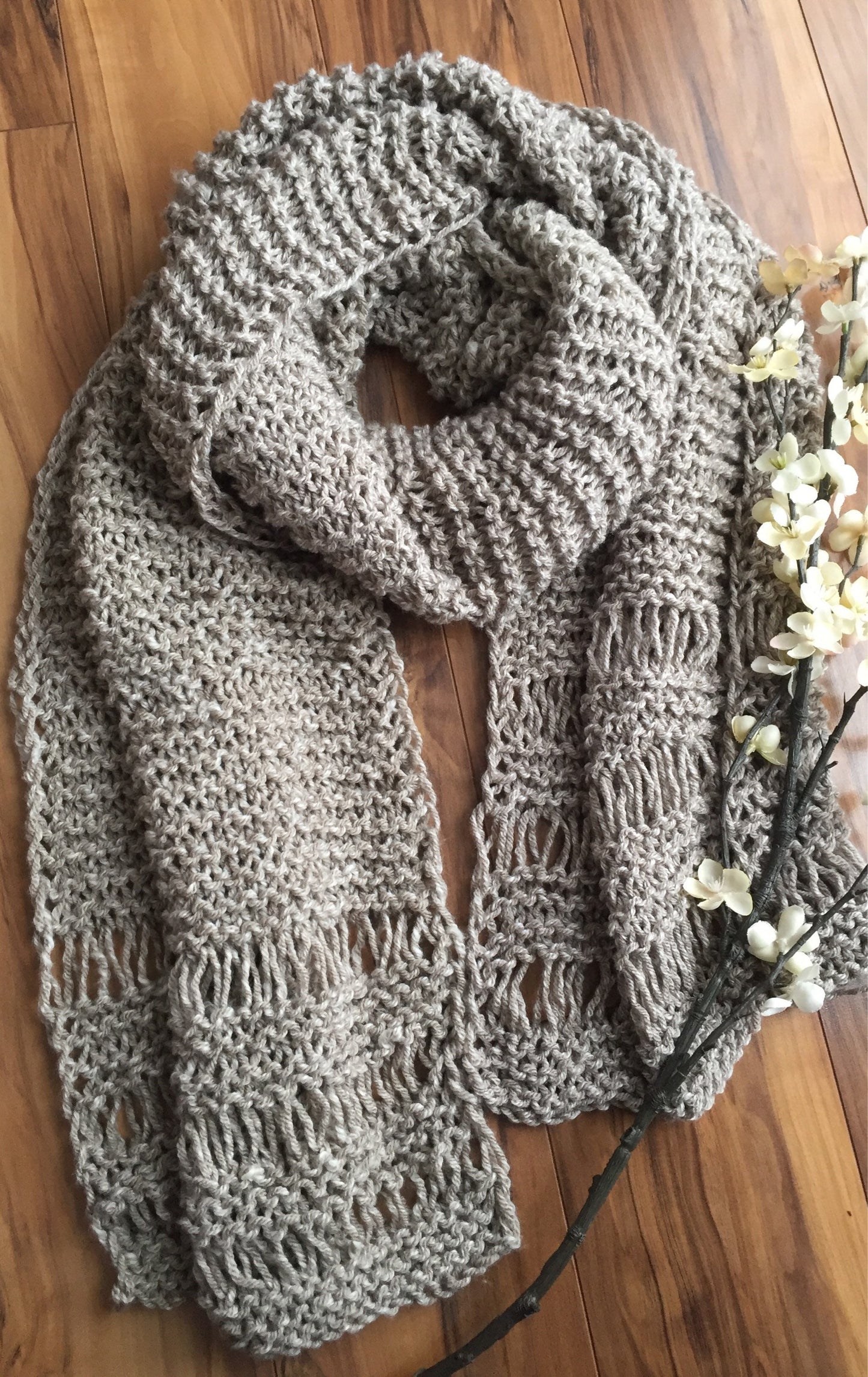 DIY KNITTING PATTERN All Seasons Scarf Hand Knitted Women's Oversized Chunky Boho Style Open End Neck Warmer Taupe