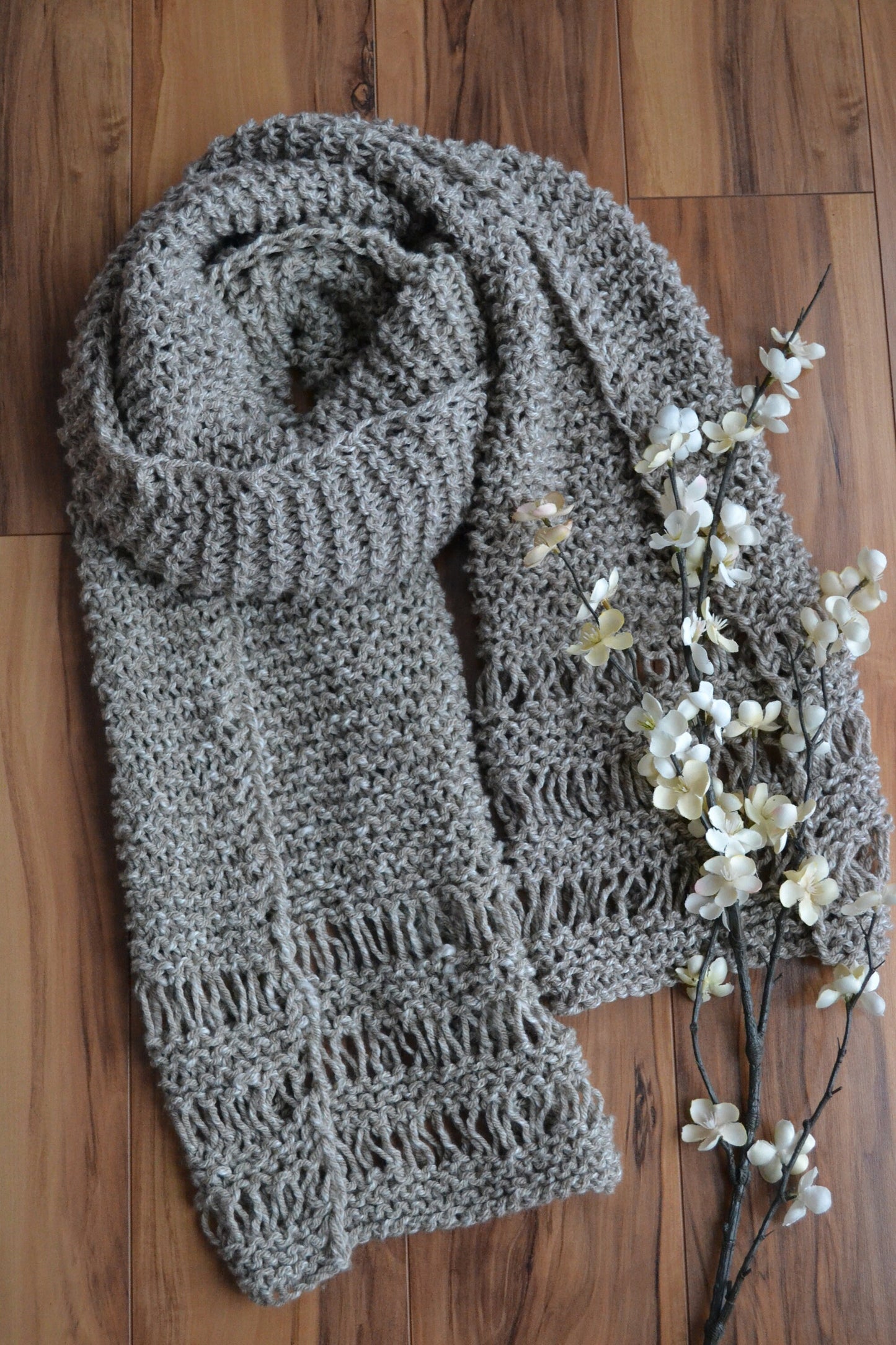 DIY KNITTING PATTERN All Seasons Scarf Hand Knitted Women's Oversized Chunky Boho Style Open End Neck Warmer Taupe