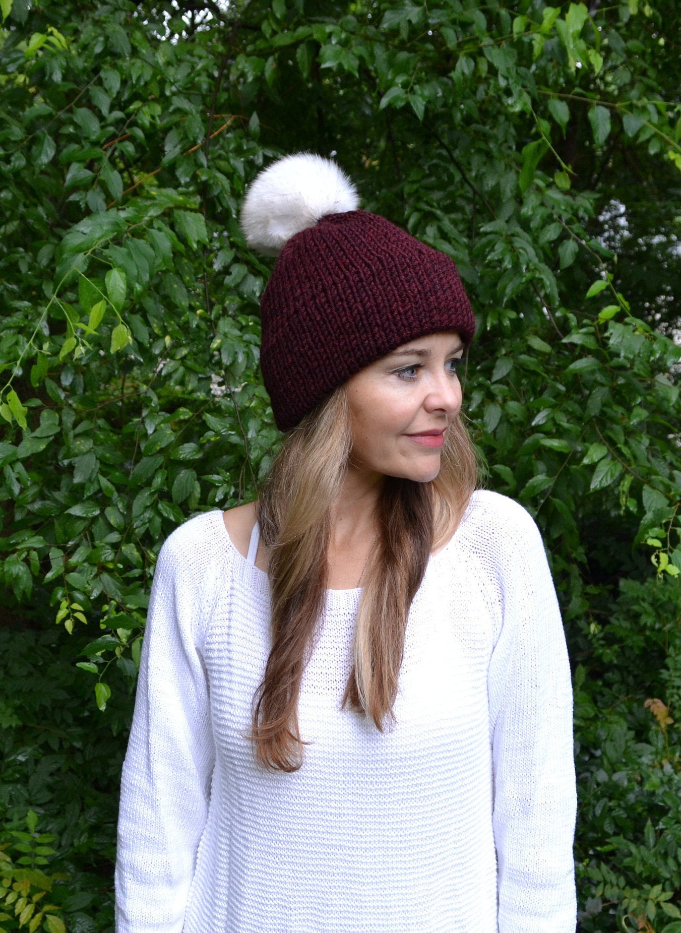 DIY KNITTING PATTERN The Double Brim Beanie Faux Fur Pom Pom Unisex Boho Timeless Wool Beanie Hat Cap Toque