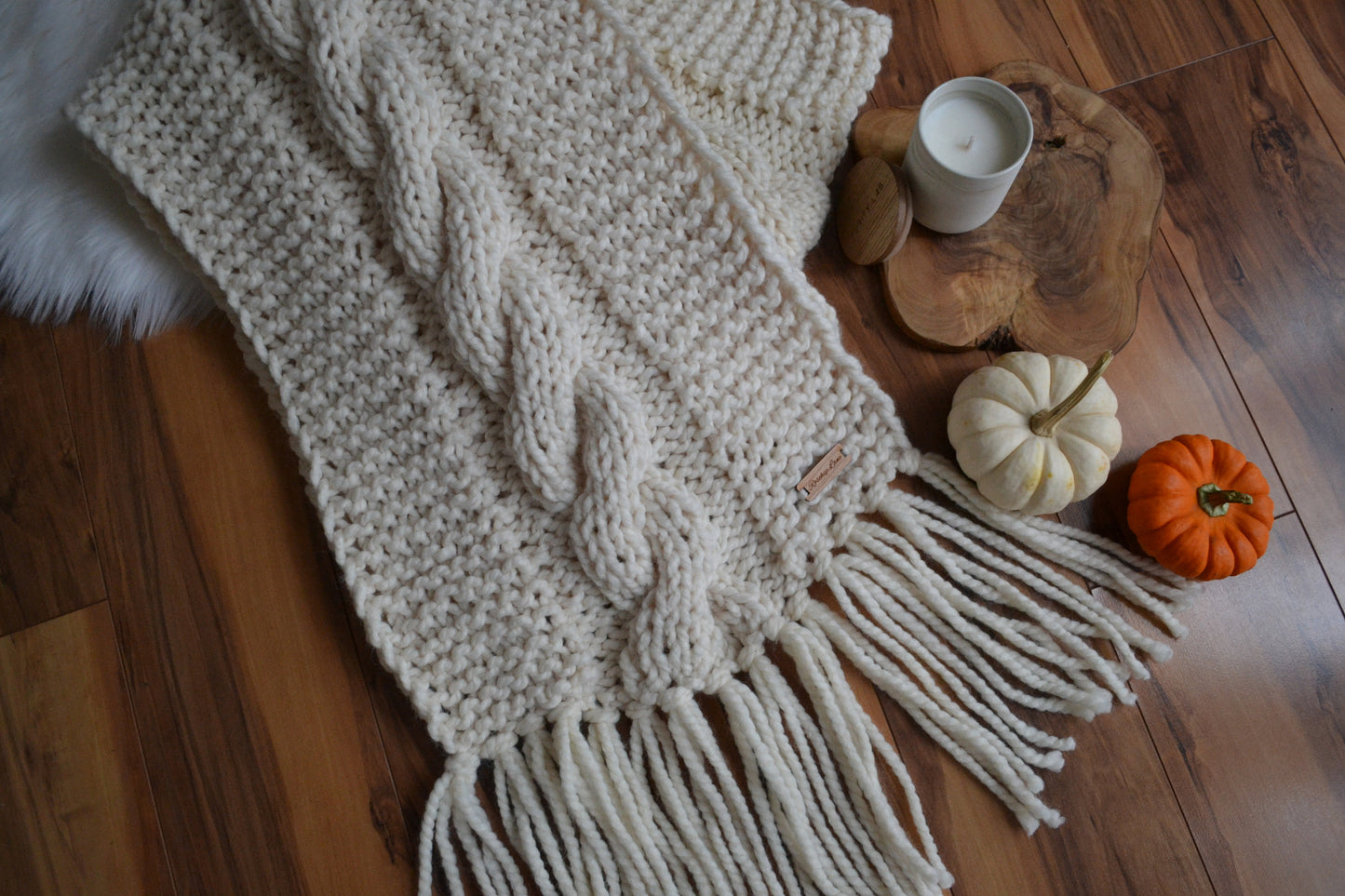 Knitting Pattern DIY The Big Cozy Oversized Fringe Cable Knit Scarf Shawl Hand Knitted Women's Boho Style