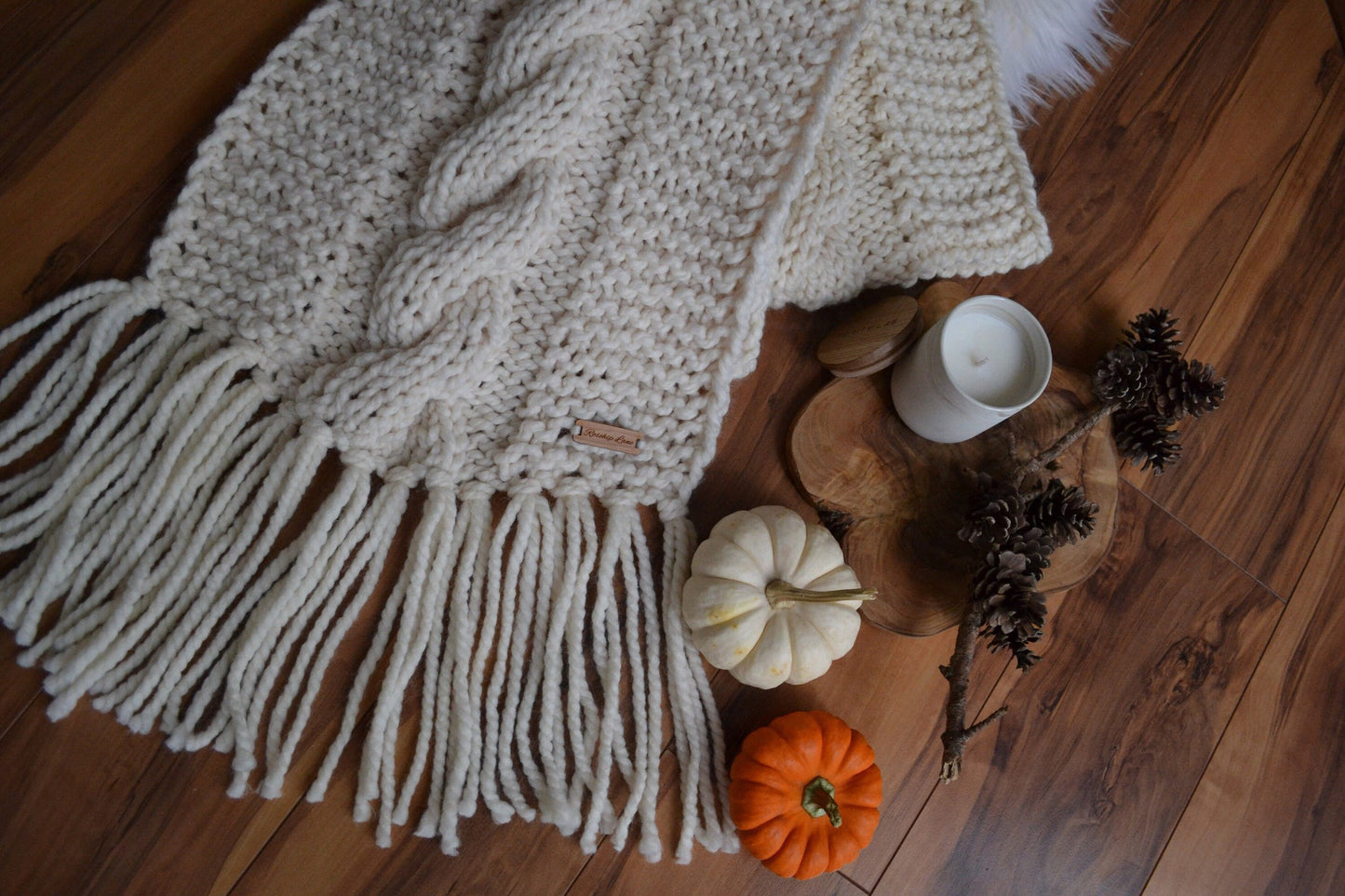 Knitting Pattern DIY The Big Cozy Oversized Fringe Cable Knit Scarf Shawl Hand Knitted Women's Boho Style