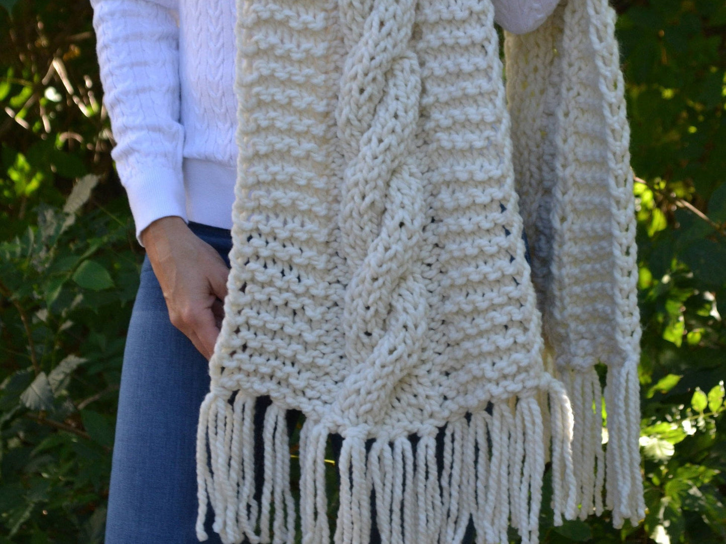 Knitting Pattern DIY The Big Cozy Oversized Fringe Cable Knit Scarf Shawl Hand Knitted Women's Boho Style