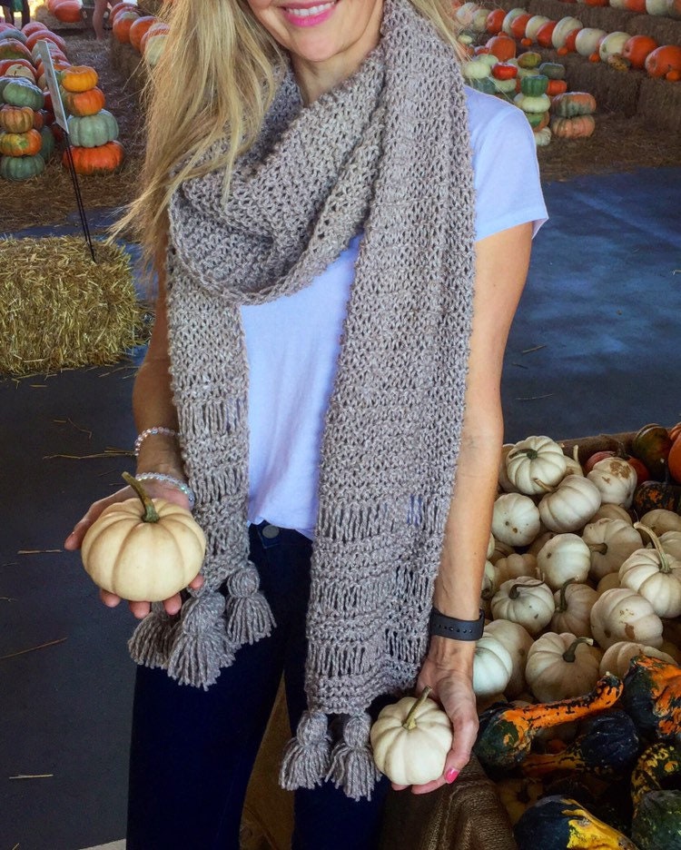 DIY KNITTING PATTERN All Seasons Scarf Hand Knitted Women's Oversized Chunky Boho Style Open End Neck Warmer Taupe