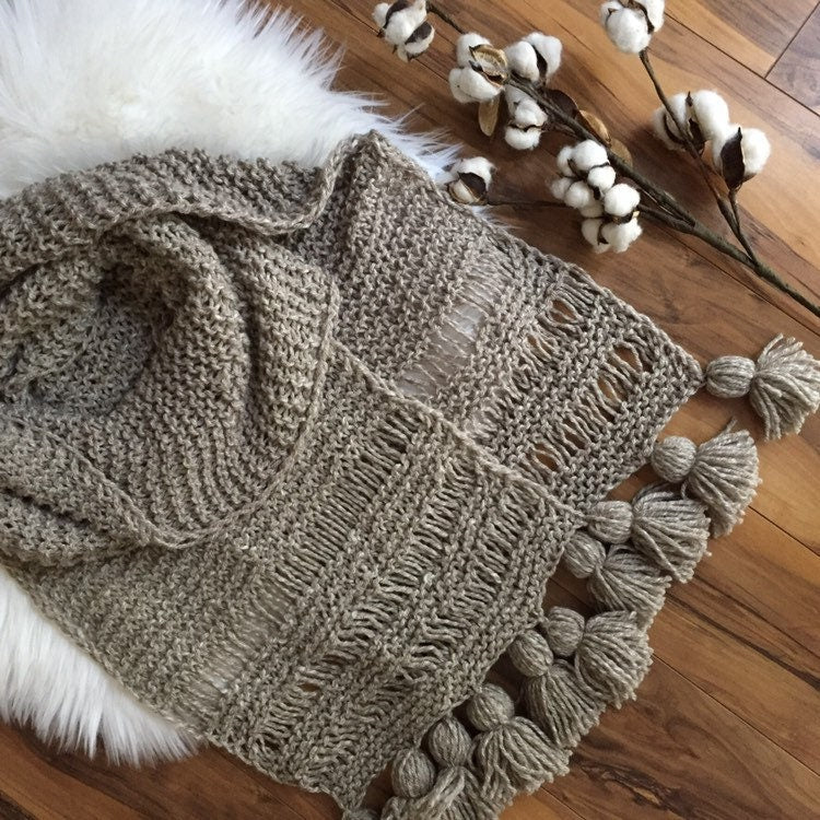 DIY KNITTING PATTERN All Seasons Scarf Hand Knitted Women's Oversized Chunky Boho Style Open End Neck Warmer Taupe
