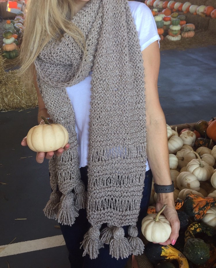 DIY KNITTING PATTERN All Seasons Scarf Hand Knitted Women's Oversized Chunky Boho Style Open End Neck Warmer Taupe