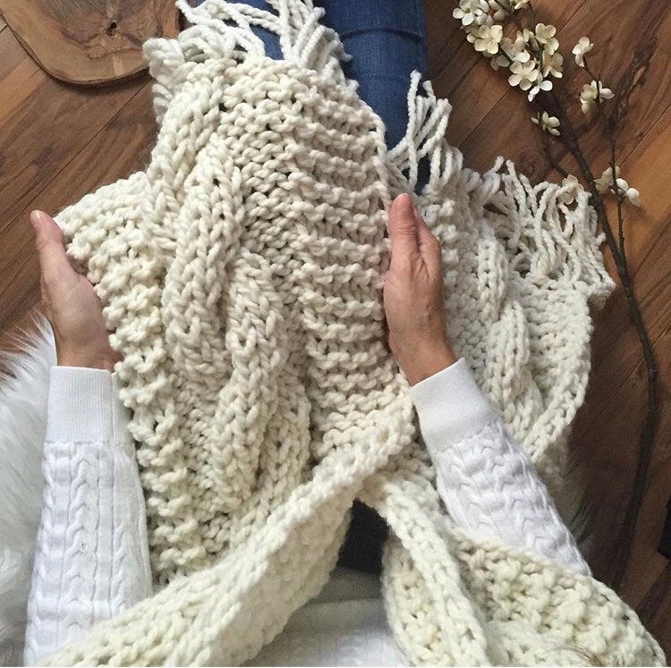 Knitting Pattern DIY The Big Cozy Oversized Fringe Cable Knit Scarf Shawl Hand Knitted Women's Boho Style