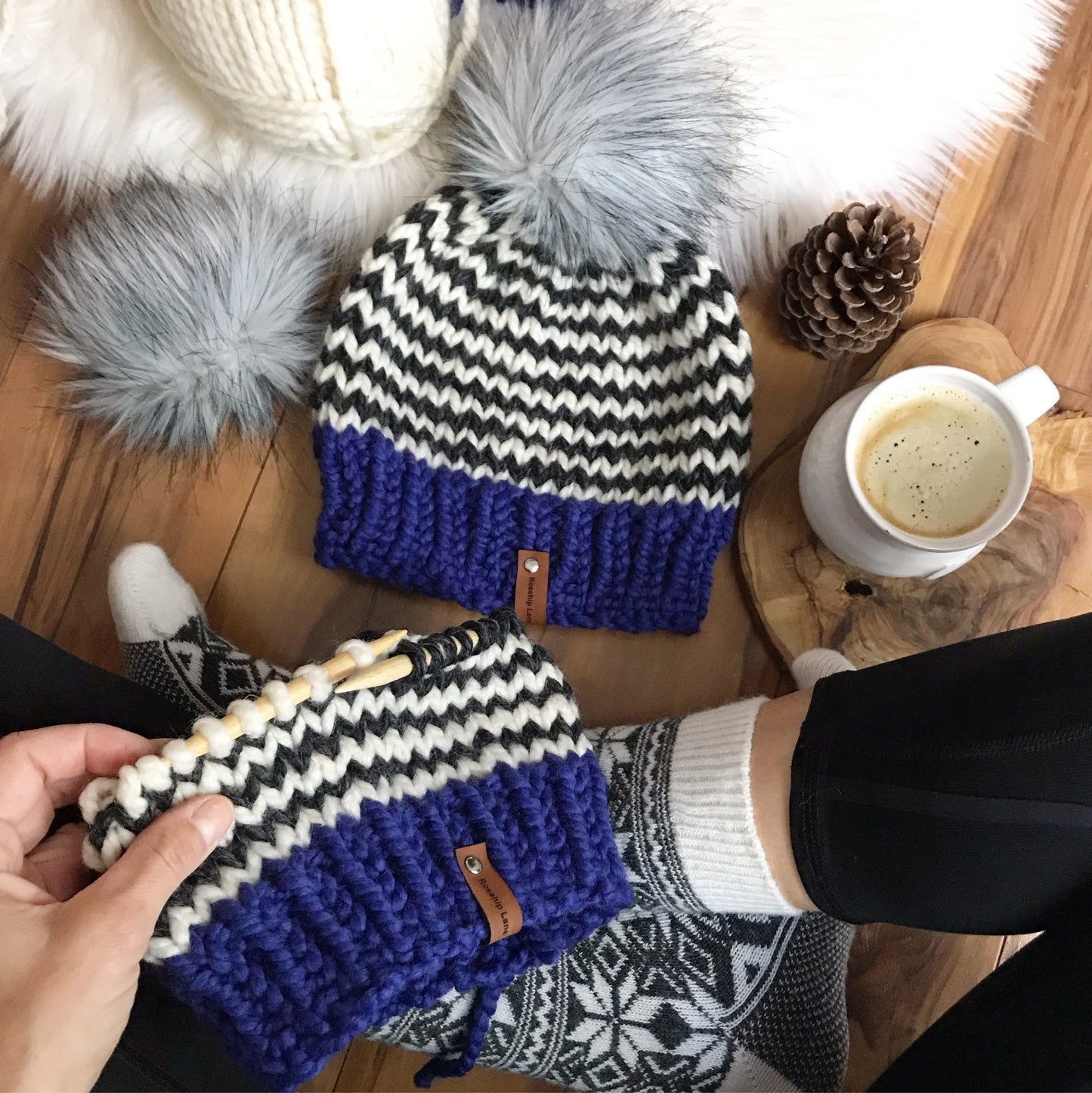 DIY Knitting Pattern The New England Women's Striped Pom Pom Beanie Hat, Striped Cap, Luxury Toque, Warm women's cap
