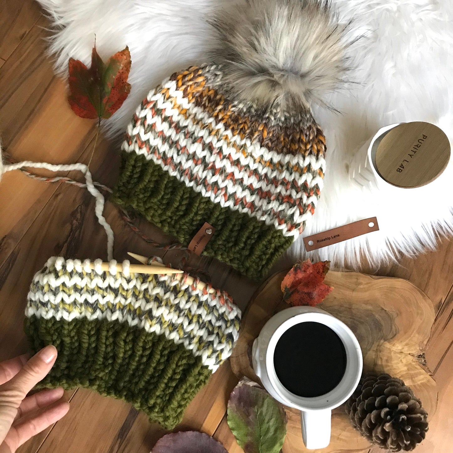 DIY Knitting Pattern The Cider House Women's Striped Pom Pom Beanie Hat, Striped Cap, Luxury Toque, Warm women's cap