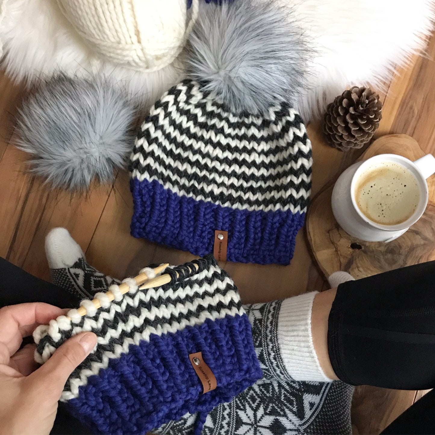 DIY Knitting Pattern The New England Women's Striped Pom Pom Beanie Hat, Striped Cap, Luxury Toque, Warm women's cap