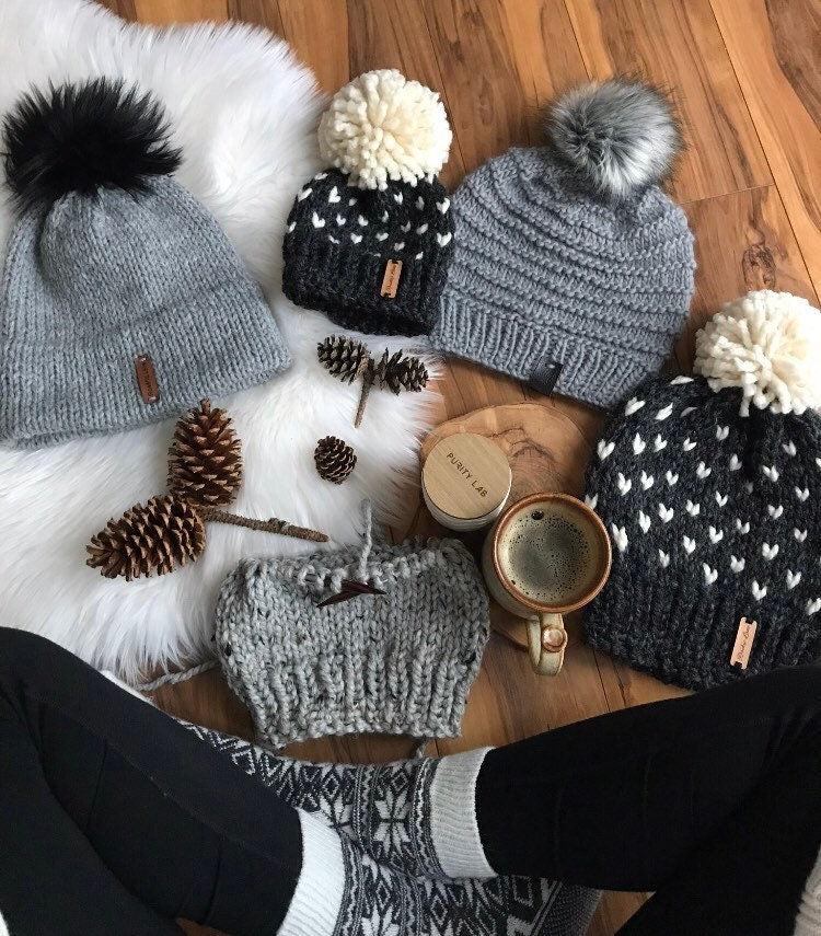 Knitting PATTERN Fair Isle Beanies, Heart Print Women's Or Newborn Size Pom Pom Beanie Hat Cap Toque