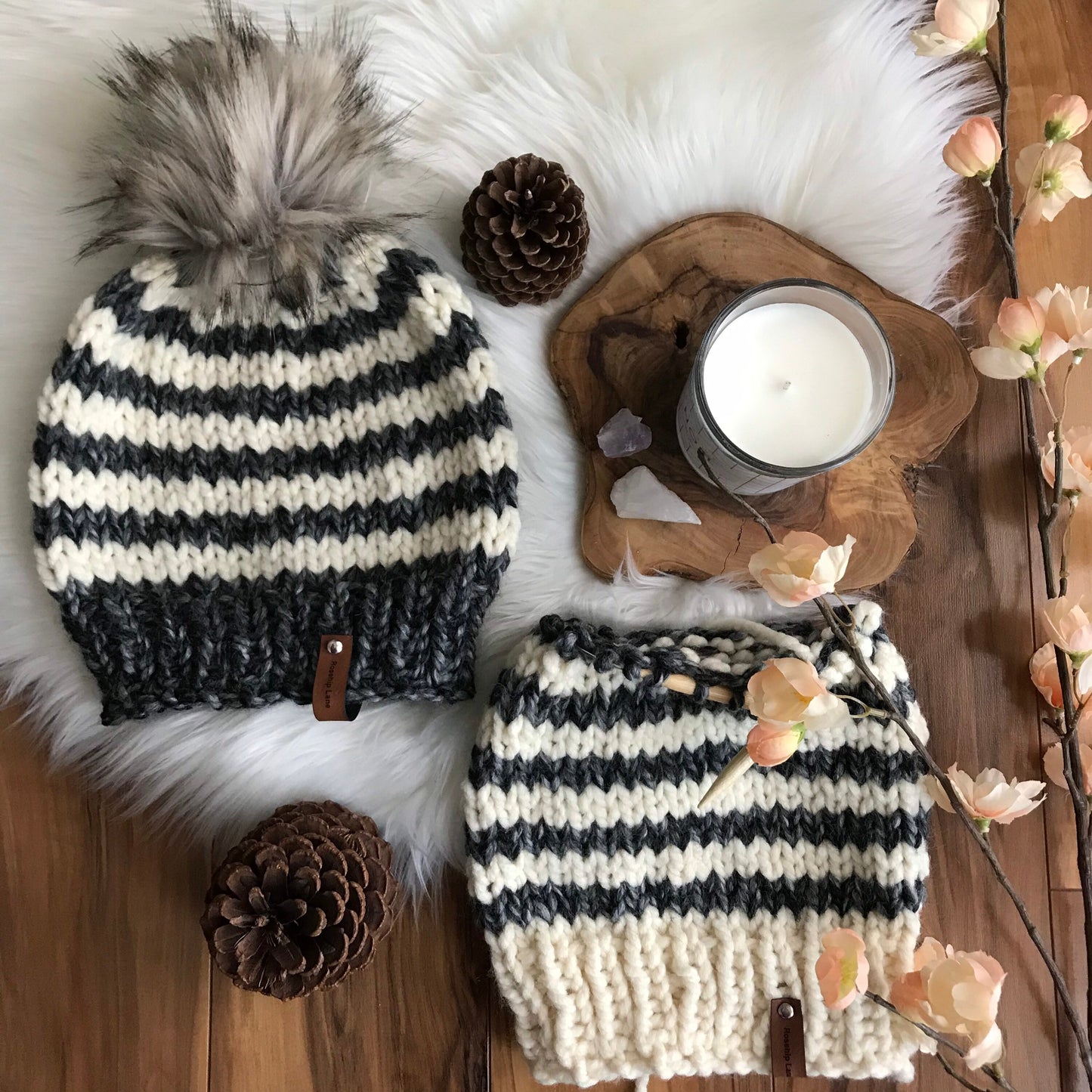 DIY Knitting Pattern The Big Stripe Women's Slouchy Pom Pom Beanie Hat Cap Toque Black Ivory Fisherman