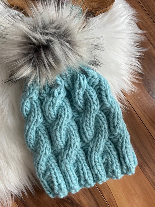 Luxury cable knit beanie hat aqua color size S 100% soft wool