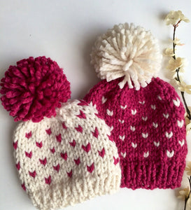 Knitting PATTERN Fair Isle Beanies, Heart Print Women's Or Newborn Size Pom Pom Beanie Hat Cap Toque