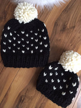 Load image into Gallery viewer, Handmade Knitted Women&#39;s Kids Mommy &amp; Me Chunky Classic Heart Print Fair Isle Pom Pom Beanie Hat Cap Black Ivory