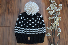 Load image into Gallery viewer, Knitting Pattern The Bergen Fair Isle Women&#39;s Slouchy Pom Pom Beanie Hat Cap Toque Black Ivory Fisherman