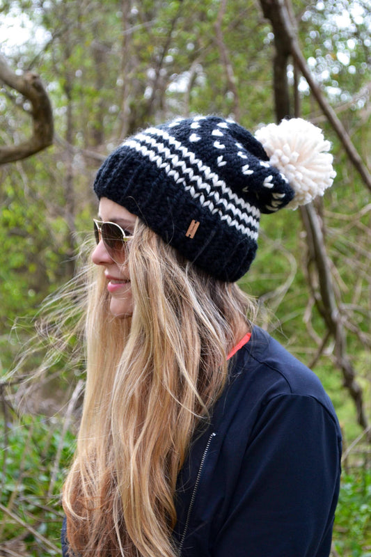 Knitting Pattern The Bergen Fair Isle Women's Slouchy Pom Pom Beanie Hat Cap Toque Black Ivory Fisherman