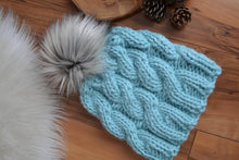 Load image into Gallery viewer, KNITTING PATTERN DIY The Luxe Beanie Cable Knit Faux Fur  Pom Pom Beanie Hat Cap Toque Luxury Yarn We are Knitters