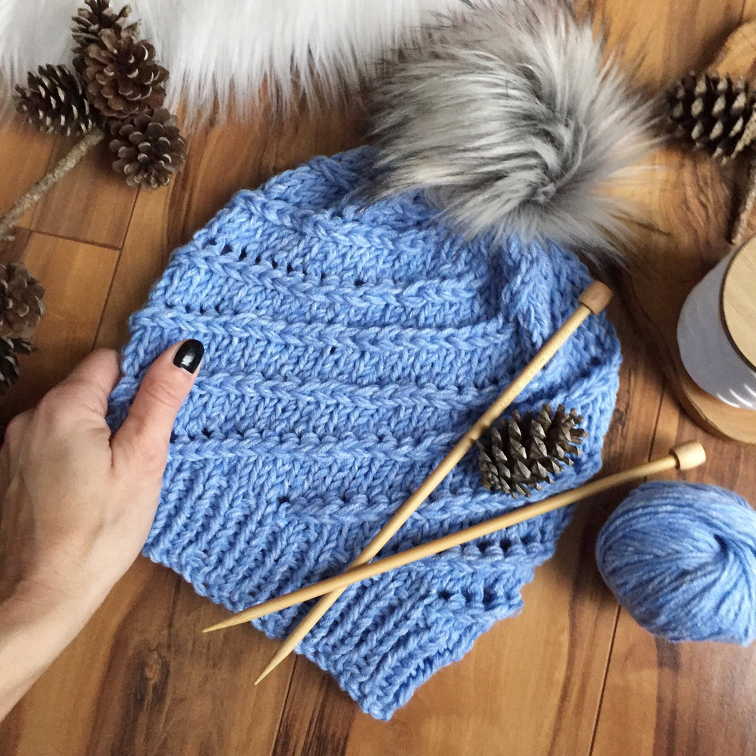 DIY KNITTING PATTERN The Blue Jeans Beanie Lacy Knit Boho Timeless Women's  Hat Cap Toque Faux Fur Pom Pom