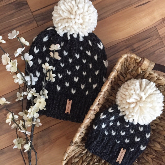 Knitting PATTERN Fair Isle Beanies, Heart Print Women's Or Newborn Size Pom Pom Beanie Hat Cap Toque