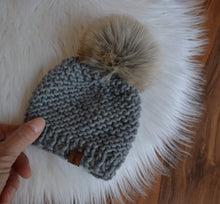 Load image into Gallery viewer, DIY KNITTING PATTERN Luxury Newborn Garter Stitch Faux Fur Pom Pom Beanie Hat Cap Toque Unisex We Are Knitters