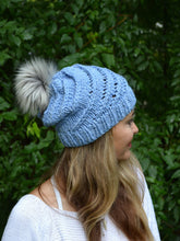 Load image into Gallery viewer, DIY KNITTING PATTERN The Blue Jeans Beanie Lacy Knit Boho Timeless Women&#39;s  Hat Cap Toque Faux Fur Pom Pom