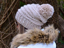 Load image into Gallery viewer, DIY Knitting Pattern The Rejviz Beanie Women&#39;s Slouchy Oversized Pompom Hat Cap Toque Taupe Beige