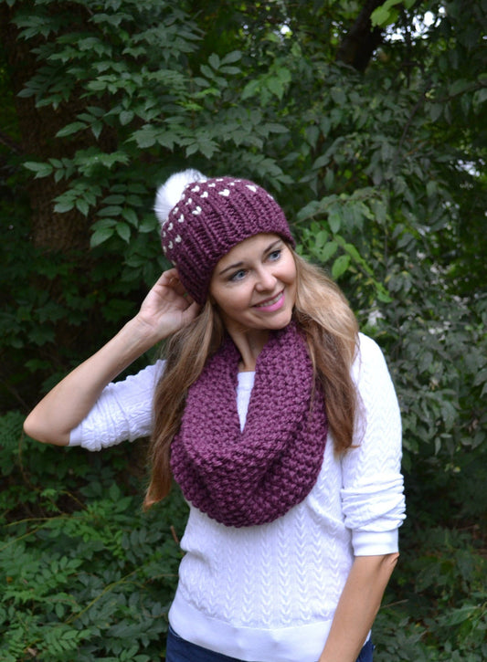 KNITTING PATTERN BUNDLE Fair Isle Beanie Hat Seed Stitch Snood Cowl Scarf Hand Knitted Women's Oversized Boho Style Set Snood Neck Warmer