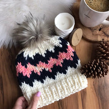 Load image into Gallery viewer, KNITTING PATTERN DIY The Chevron Print Beanie Faux Fur Pom Pom Beanie Hat Cap Toque