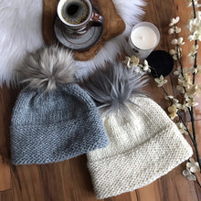 Load image into Gallery viewer, DIY KNITTING PATTERN The Reversed Double Brim Beanie Faux Fur Pom Pom Unisex Boho Timeless Wool Beanie Hat Cap Toque
