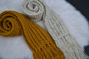 DIY Crochet Pattern Chunky Crochet Ribbed Scarf, Women's Chunky Boho Crochet Open End Fringe Scarf, Warm Scarf, Ribbed Scarf Ivory