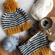 Load image into Gallery viewer, DIY Knitting Pattern The New England Women&#39;s Striped Pom Pom Beanie Hat, Striped Cap, Luxury Toque, Warm women&#39;s cap