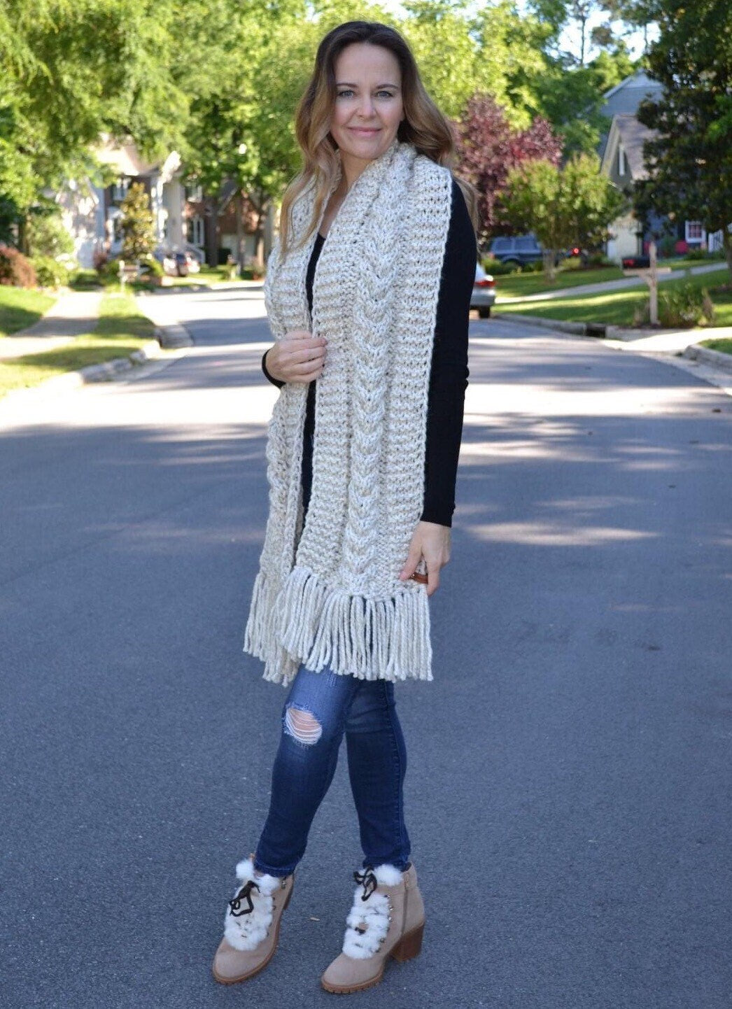Knitting Pattern DIY The Blowing Rock Cozy Fringe Cable Knit Scarf