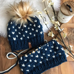 DIY Knitting Pattern Classic Women's Fair Isle Heart Print Beanie Hat and Cowl Scarf Set, Women's DIY pattern Pompom Hat Cap Toque