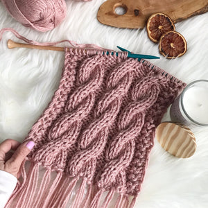 Knit scarf pattern, Cable Knit scarf pattern, Knitting Pattern Fringe Cabled Scarf, Mauve color scarf, Shawl Hand Knitted Women's Boho Style