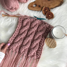 Load image into Gallery viewer, Knit scarf pattern, Cable Knit scarf pattern, Knitting Pattern Fringe Cabled Scarf, Mauve color scarf, Shawl Hand Knitted Women&#39;s Boho Style