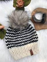 Load image into Gallery viewer, DIY Knitting Pattern Thin Stripe Women&#39;s Striped Pom Pom Beanie Hat, Striped Cap, Luxury Toque, Warm women&#39;s cap