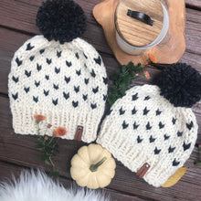 Load image into Gallery viewer, Handmade Knitted Women&#39;s Kids Mommy &amp; Me Chunky Classic Heart Print Fair Isle Pom Pom Beanie Hat Cap Ivory Black