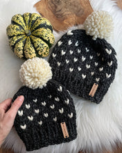 Load image into Gallery viewer, Handmade Knitted Women&#39;s Kids Mommy &amp; Me Chunky Classic Heart Print Fair Isle Pom Pom Beanie Hat Cap Black Ivory